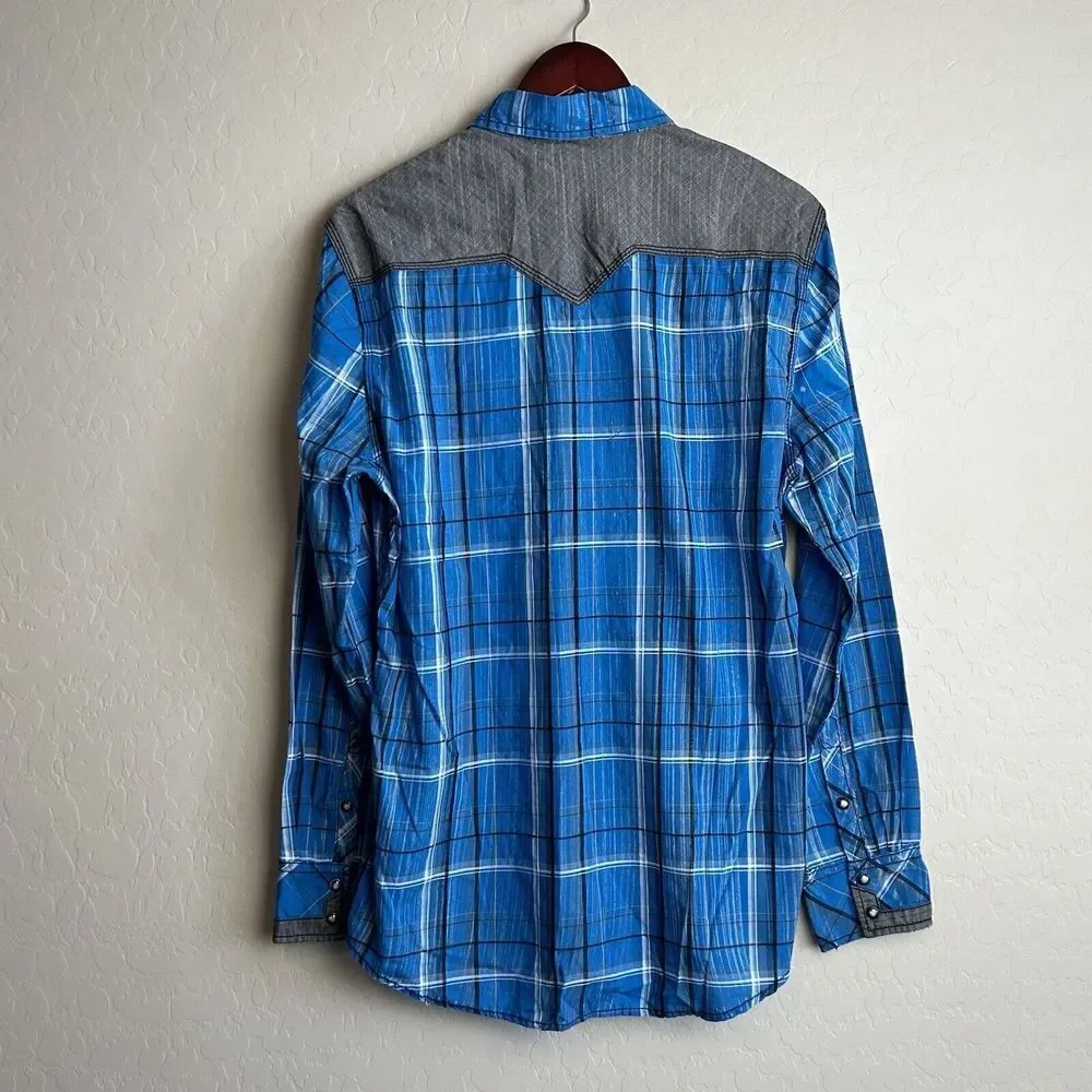 BKE Buckle Vintage Pearl Snap Shirt Men's Large Long Sleeve Plaid Blue 1967 NEW